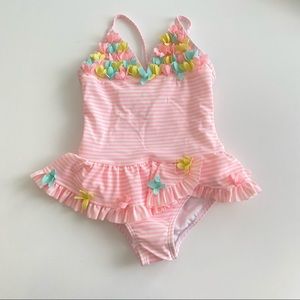 🌸 NWOT Little Me Girls 3D Floral Pink 1-Piece Swimsuit size 24m